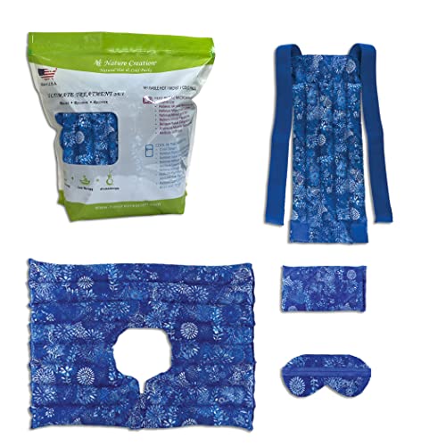 Nature Creation Microwavable Heating Pads Ultimate Set - Microwave Heating Pad for Back & Spine + Neck and Shoulders Heating Pad + Lavender Eye Mask + Sinus Relief Pad - Blue Flowers 1 Set of 4