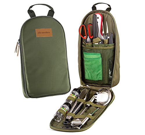 11 Piece Camp Kitchen Cooking Utensil Set Travel Organizer Grill Accessories Portable Compact Gear for Backpacking BBQ Camping Hiking Travel Cookware Kit Water Resistant Case (Green)