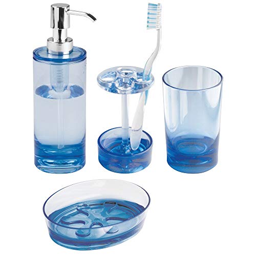 Book Cover mDesign Plastic Bathroom Vanity Countertop Accessory Set - Includes Refillable Soap Dispenser, Divided Toothbrush Stand, Tumbler Rinsing Cup, Soap Dish - 4 Pieces - Ocean Blue