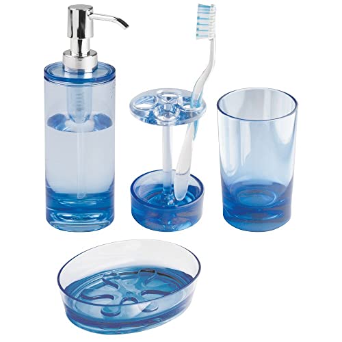 mDesign Plastic Bathroom Vanity Countertop Accessory Set - Includes Refillable Soap Dispenser, Divided Toothbrush Stand, Tumbler Rinsing Cup, Soap Dish - 4 Pieces - Ocean Blue