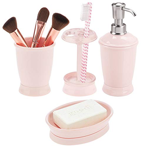 mDesign Plastic Bathroom Vanity Countertop Accessory Set - Includes Refillable Soap Dispenser, Divided Toothbrush Stand, Tumbler Rinsing Cup, Soap Dish - 4 Pieces - Smoke Gray