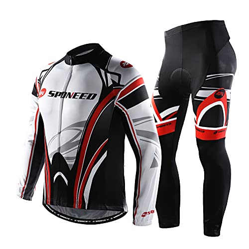 sponeed Men's Bicycle Jersey and Pants Set Long-Sleeved Quick Dry Size XL US White Red