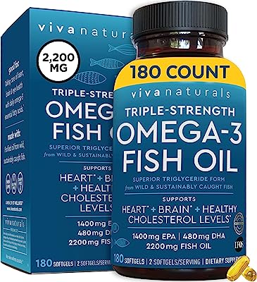 Viva Naturals Triple-Strength Omega 3 Fish Oil with EPA and DHA Supplements 2,200mg, 180 Softgels