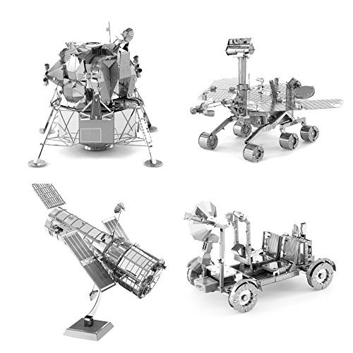 Book Cover Set of 4 Metal Earth 3D Laser Cut Models: Hubble Telescope - Apollo Lunar Rover - Apollo Lunar Module - Mars Rover