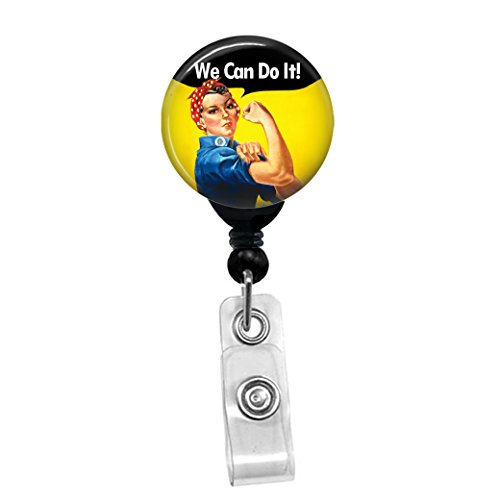 Rosie The Riveter - We Can Do It! Custom Retractable Badge Reel Lanyard Badge Holder (Black Badge Reel with Spring Pinch Clip)