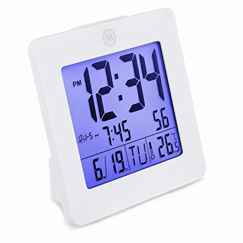 Book Cover Marathon CL030050WH Digital Dual Alarm Clock with Day, Date, Temperature and Backlight. Color-White. Batteries Included