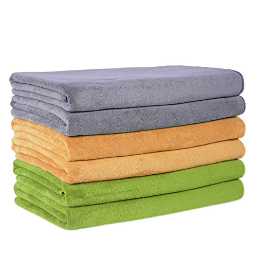 JML Super Soft Microfiber Bath Towel, Super Absorbent Non-Slip Yoga Towels, Fitness Towel, Sports Towel 27" x 55", 6 Pack Assorted Color (Camel Grey Teal)