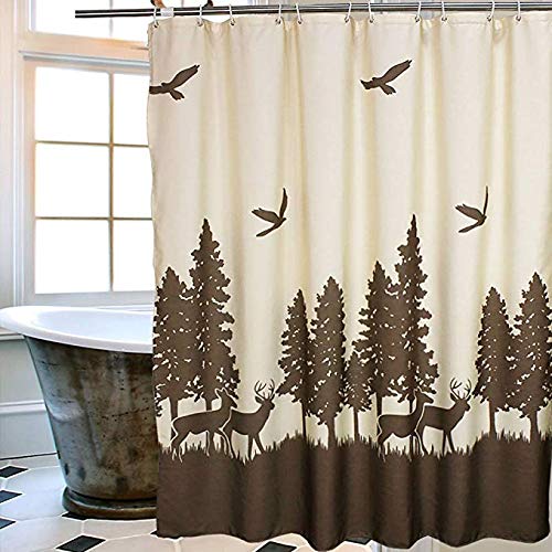 Uphome Deer in The Forest Fabric Shower Curtain - Hunting Theme Beige and Coffee Country Moose Waterproof Mildew Resistant Bathroom Cloth Shower Curtain Cabin Decor, 72 X 72 Inch