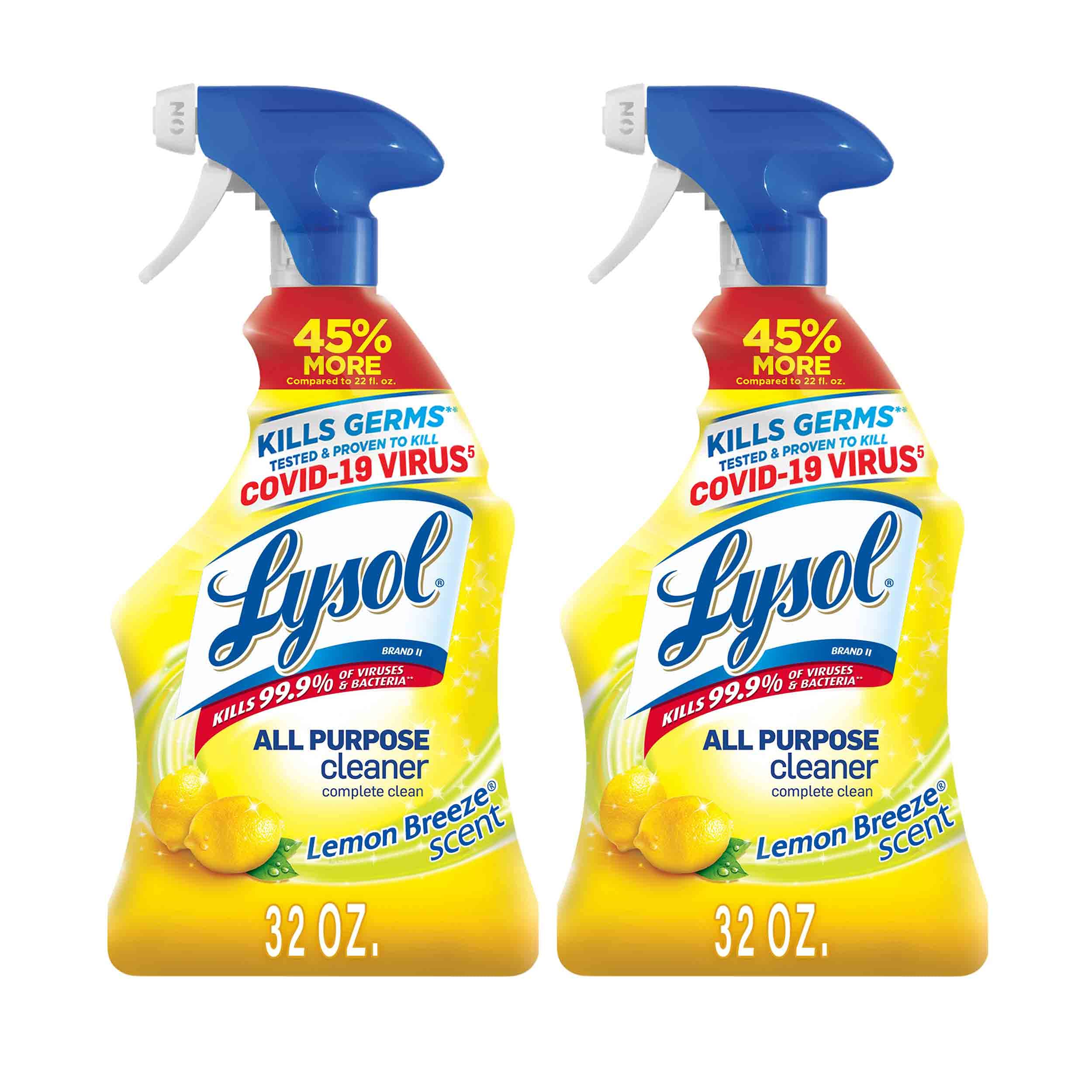 Lysol All-Purpose Cleaner Sanitizing And Disinfecting Spray To Clean And Deodorize Lemon Breeze Scent 32oz Each (Pack of 2)