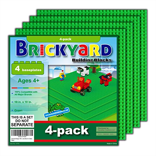 Book Cover Brickyard Building Blocks Green Baseplates, Large Thick Base Plates for Building Bricks, Perfect for Activity Table or Displaying Compatible Construction Toys (4-Pack, Green)