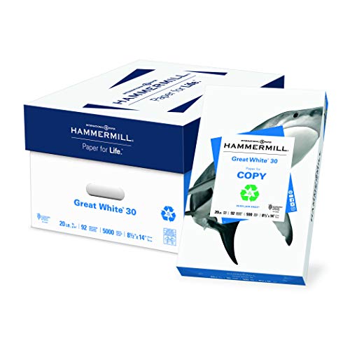 Book Cover Hammermill Paper, Great White 30% Recycled Printer Paper, 8.5 x 14 Paper, Legal Size, 20lb, 92 Bright, 10 Ream / 5,000 Sheets (086704C) Acid Free Paper