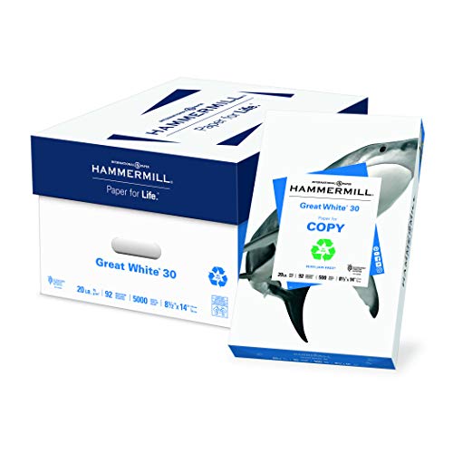 Hammermill Paper, Great White 30% Recycled Printer Paper, 8.5 x 14 Paper, Legal Size, 20lb, 92 Bright, 10 Ream / 5,000 Sheets (086704C) Acid Free Paper