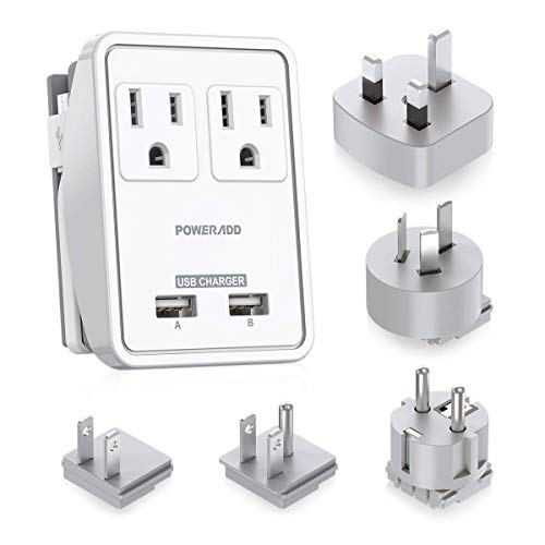 POWERADD Travel Adapter Kit - Dual USB Ports + 2 Outlets, Universal Adapters for UK, US,Japan,China, Europe, Asia, Cruise Ship Travel, Perfect for Cellphone Laptop Camera and More - UL Listed
