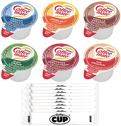 Coffee mate Liquid Creamer Singles Variety Pack, Original, French Vanilla, Hazelnut, Irish CrÃ¨me, Cinnamon Vanilla CrÃ¨me, Vanilla Caramel, 6 flavors x 30 ct, 180/Box and By the Cup Sugar Packets