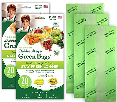 Debbie Meyer, GreenBags 40-Pack (16M, 16L, 8XL) | Reusable Storage Bags Keeps Fruit, Vegetables, Produce, Cut Flowers Fresh Longer, Kitchen & Fridge Preservation Solution, BPA Free, Made in the USA