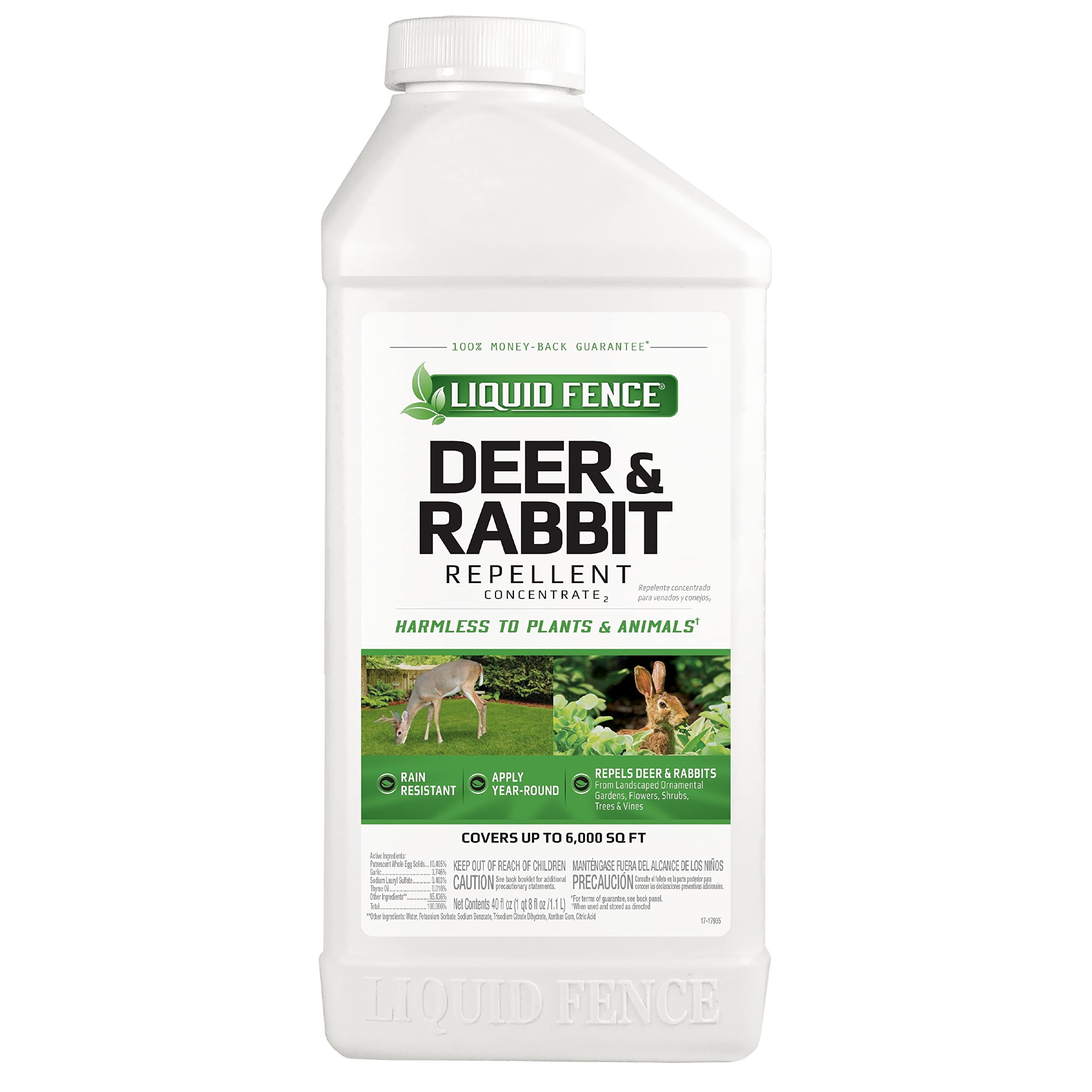 Liquid Fence Deer & Rabbit Repellent Concentrate,Keep Deer & Rabbits Out of Garden Patio &Backyard,Use on Gardens Shrubs &Trees, Harmless to Plants &Animals When Used & Stored as Directed, 40fl Ounce 40 Ounce Pack of 1