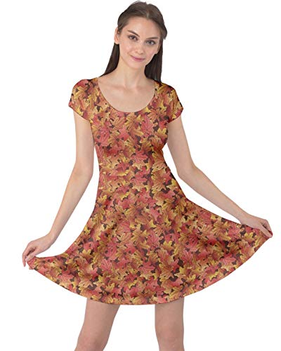 CowCow Womens Plus Size Casual Dresses Brown Pattern Fallen Autumn Warm Shades Leaves Cap Sleeve Dress XS-5XL