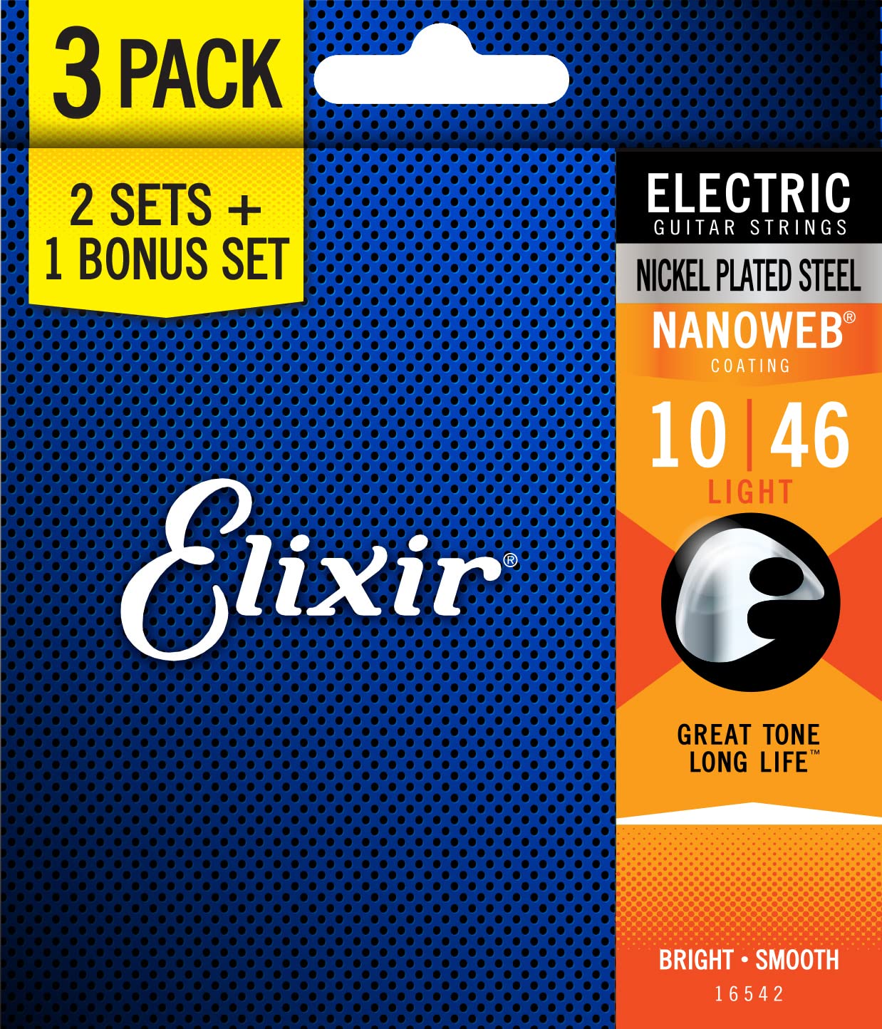 Book Cover Elixir® Strings 16542 Electric Guitar Strings with NANOWEB® Coating, 3 Pack, Light (.010-.046) Oct-46 Guitar Strings