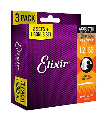 Book Cover Elixir Strings 16545 Acoustic Phosphor Bronze Guitar Strings with NANOWEB Coating, 3 Pack, Light (.012-.053)