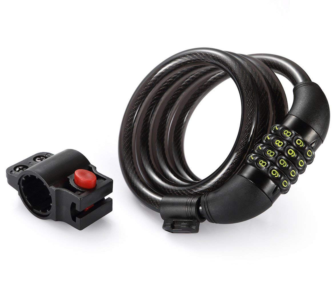 Titanker Bike Lock Cable, Bike Locks Cable Basic Self Coiling Combination Cable Bike Locks with Complimentary Mounting Bracket, 1/2 Inch Diameter Clear Black-4FT