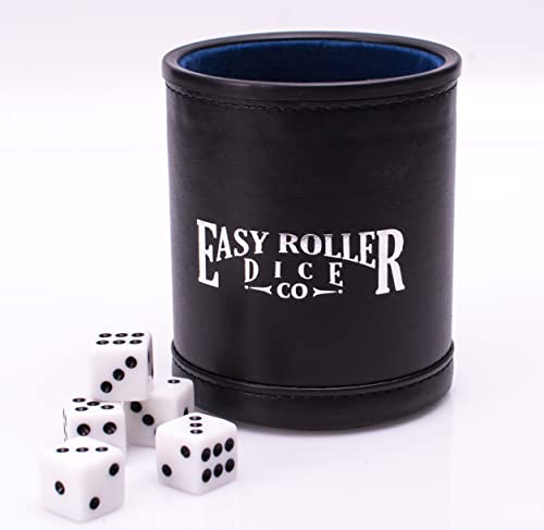 Professional Dice Cup | Black Leatherette Exterior with Blue Velvet Interior | Includes 5 Free 6-Sided Dice