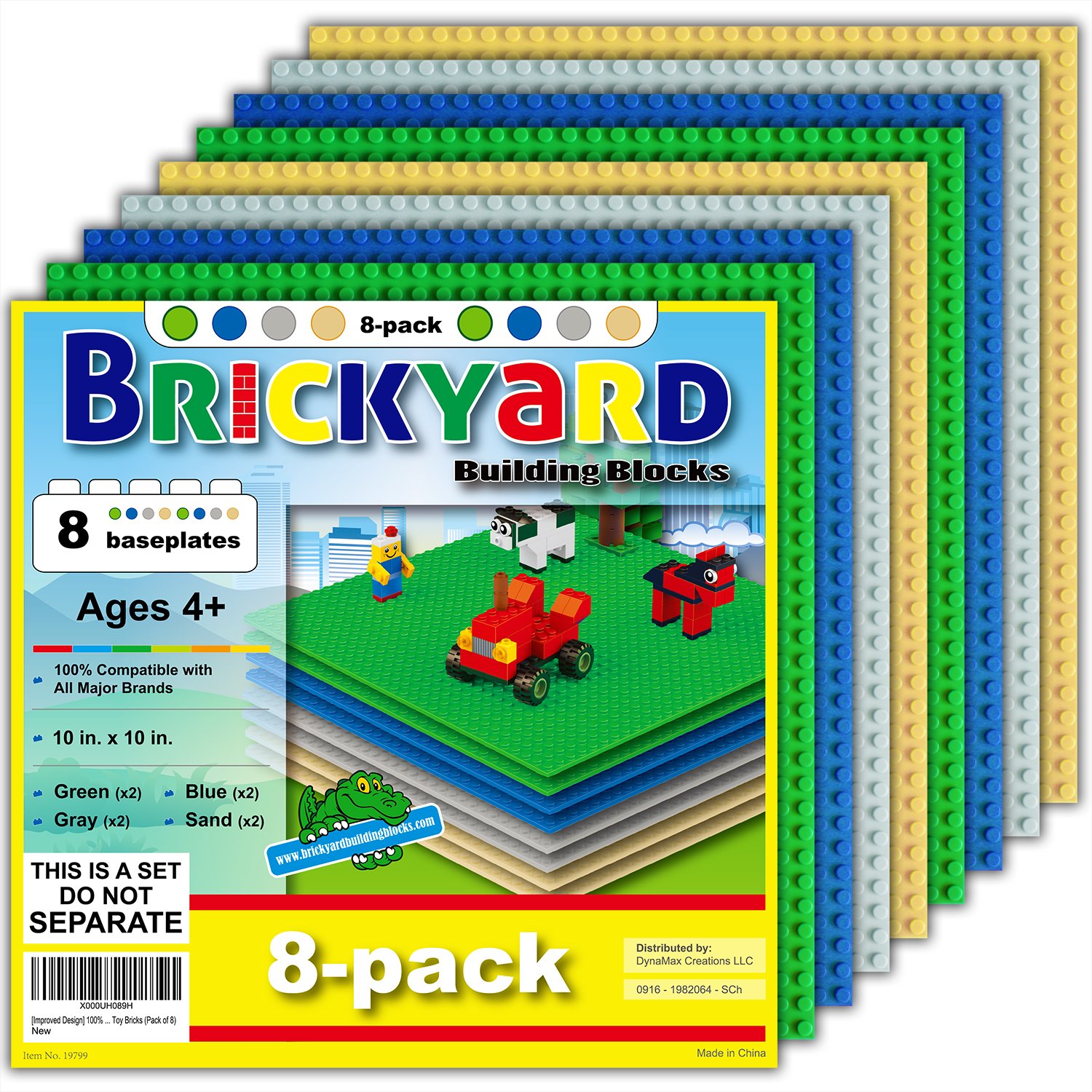 Book Cover Brickyard Building Blocks Lego Compatible Baseplate - Pack of 8 Large 10 x 10 Inch Base Plates for Toy Bricks, STEM Activities & Display Table - Green, Blue, Gray, Sand Assorted 8-pack