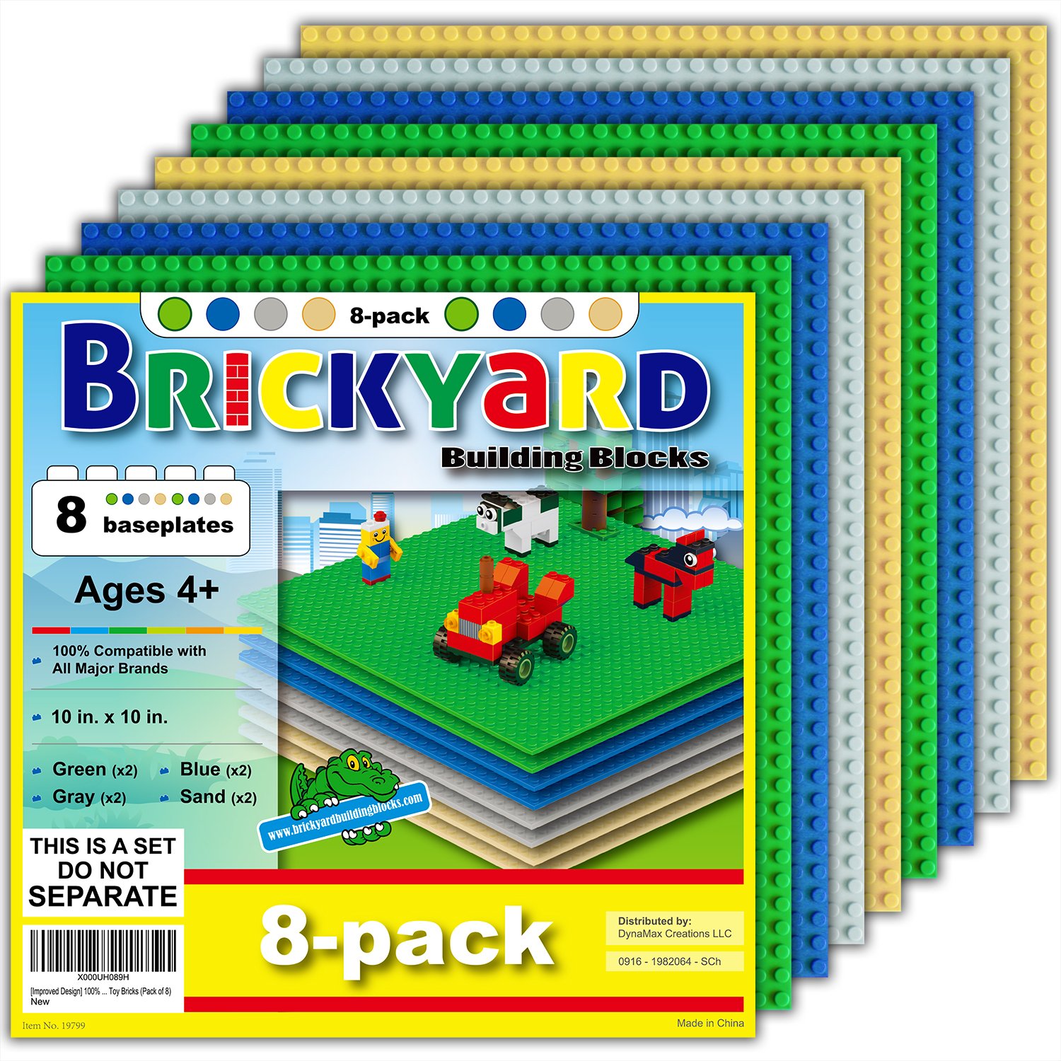 Brickyard Building Blocks Lego Compatible Baseplate - Pack of 8 Large 10 x 10 Inch Base Plates for Toy Bricks, STEM Activities & Display Table - Green, Blue, Gray, Sand Assorted 8-pack