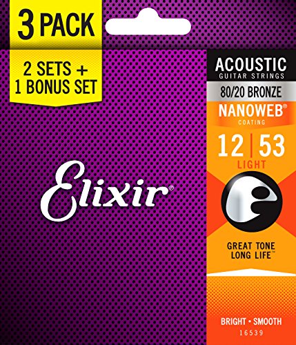 Book Cover Elixir Strings 16539 Light 80/20 Bronze Nanoweb Acoustic Guitar Strings 3-Pack (.012.053)