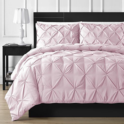 Comfy Bedding Double Needle Durable Stitching 3-Piece Pinch Pleat Comforter Set All Season Pintuck Style, Queen, Pink
