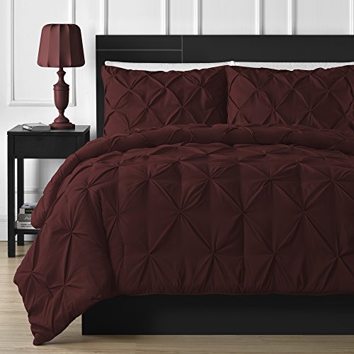 Book Cover Comfy Bedding Double Needle Durable Stitching 3-Piece Pinch Pleat Comforter Set All Season Pintuck Style, King, Burgundy