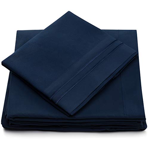 Book Cover Queen Size Bed Sheets - Navy Blue Luxury Sheet Set - Deep Pocket - Super Soft Hotel Bedding - Wrinkle & Stain Resistant - Dark Blue Queen Sheets - 4 Piece