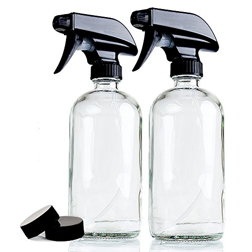 Empty Clear Glass Spray Bottles | 2 Pack 16 Oz Refillable Sprayer for Essential Oil | Water, Kitchen, Bath, Beauty, Hair, Cleaning | Durable Trigger Sprayer with Mist & Stream Modes & 2 Storage Caps