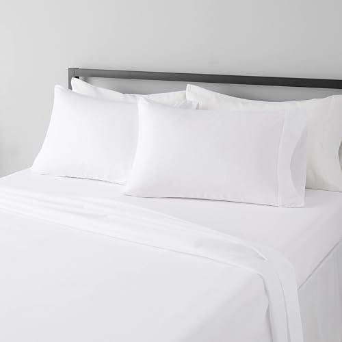 Amazon Basics 4 Piece Microfiber Lightweight Wrinkle-free Breathable Bed Sheet Set, Super Soft Easy Care, 14" Deep Pockets, Queen, Bright White, Solid