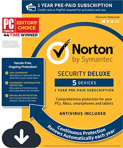 Book Cover Norton Security Deluxe - Antivirus software for 5 Devices with Auto Renewal, Requires Payment Method - 1 Year Pre-Paid Subscription [PC/Mac/Mobile Download]