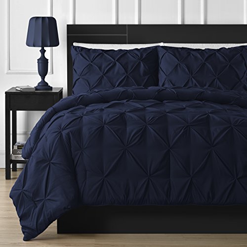 Book Cover Comfy Bedding 3-Piece Pinch Pleat Comforter Set All Season Pintuck Style Double Needle Durable Stitching, California King, Navy Blue