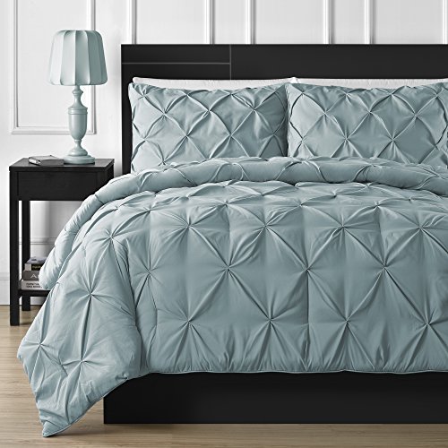 Book Cover Double-Needle Durable Stitching Comfy Bedding 3-piece Pinch Pleat Comforter Set All Season Pintuck Style(King, Spa Blue)