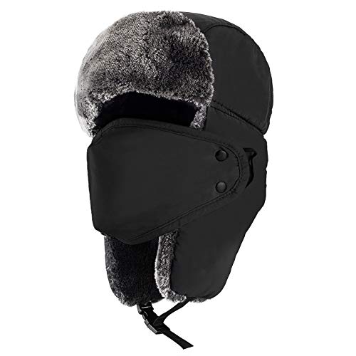 Book Cover Mysuntown Unisex Winter Trooper Trapper Hat Hunting Hat Ushanka Ear Flap Chin Strap and Windproof Mask,Black,22-24 Inches ,One Size Fits All