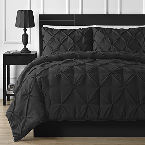 Double Needle Durable Stitching Comfy Bedding 3-piece Pinch Pleat Comforter Set All Season Pintuck Style (Queen, Black)