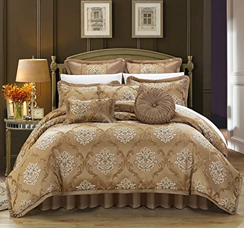 Chic Home CS4611-AN 9 Piece Aubrey Decorator Upholstery Comforter Set and Pillows Ensemble, King, Gold