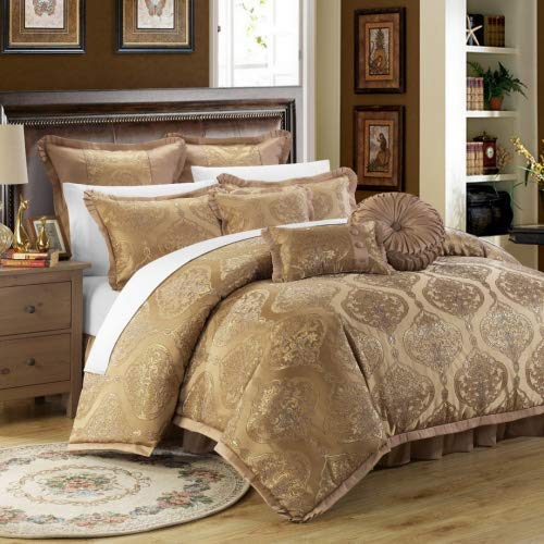Book Cover Chic Home 9 Piece Como Decorator Upholstery Quality Jacquard Motif Fabric Bedroom Comforter Set & Pillows Ensemble, King, Gold