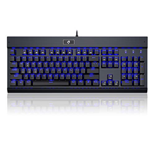 Book Cover Eagletec KG010 Mechanical Keyboard Wired Ergonomic Clicky Blue Switch Equivalent for Office PC Home or Business (Black Keyboard Blue Led Backlit)