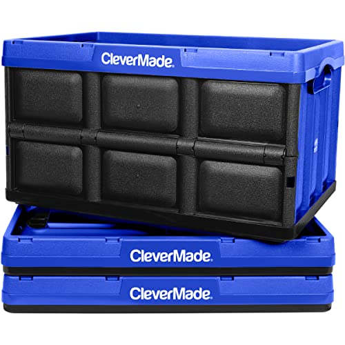 CleverMade 46L Collapsible Storage Bins (3 Pack, Royal Blue) NO LID-Stackable Storage Containers for Organizing, Toy Storage, Garage Storage, 20.8"x 14.1"x11.6" Plastic Storage Bins, Each hold 66lbs