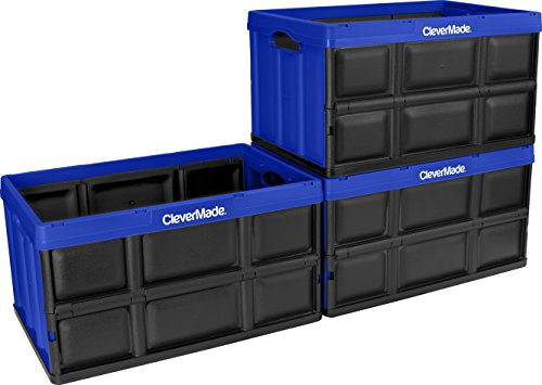 CleverMade 62L Collapsible Storage Bins - Durable Folding Plastic Stackable Utility Crates, Solid Wall CleverCrates, 3 Pack, Royal Blue