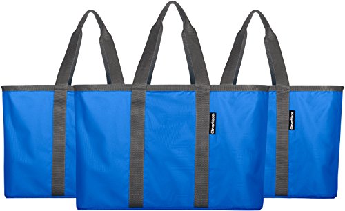 CleverMade SnapBasket 30 Liter Reusable Tote Bag with Reinforced Bottom: Collapsible Grocery Shopping Basket, Royal Blue/Charcoal, 3 Pack