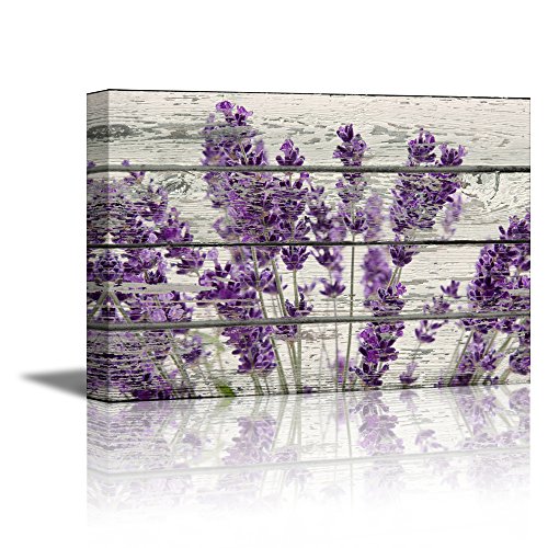 wall26 Canvas Prints Wall Art - Retro Style Purple Flowers on Vintage Wood Background Rustic Home Decoration - 24" x 36"