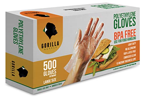 GORILLA SUPPLY BPA Free Disposable Gloves Poly LDPE Plastic Food Handling Prep Safe Latex & Powder Free Medium Large 500 1000