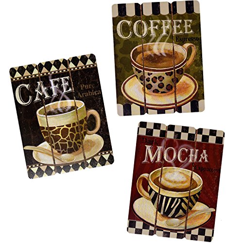 Book Cover Gift Boutique Coffee House Cup Mug Latte Java Mocha Wooden Wall Art Home Decor, Set of 3