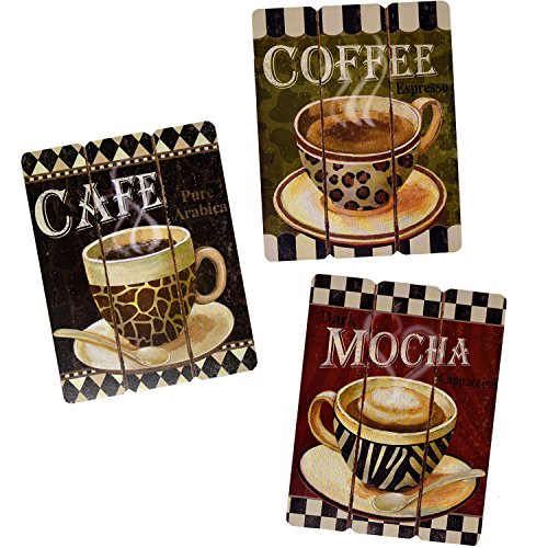 Coffee Wall Decor Set of 3 Modern Paintings Latte Java Mocha Mug Cup Wooden Hanging Art For Cafe Office Kitchen Living and Dining Room Accessories