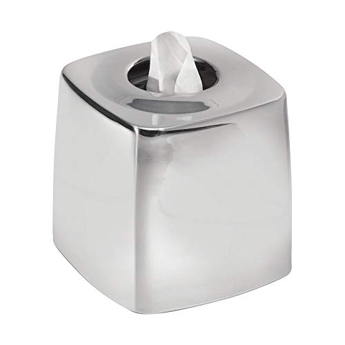 mDesign Metal Square Facial Tissue Box Cover Holder for Bathroom Vanity Countertops, Bedroom Dressers, Night Stands, Desks and Tables - Polished Stainless Steel