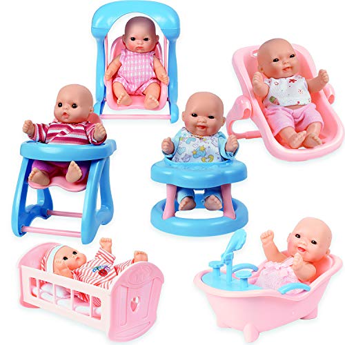 Book Cover WolVolk WV Gifts Set of 6 Mini Dolls for Girls with Cradle, High Chair, Walker, Swing, Bathtub, Infant seat